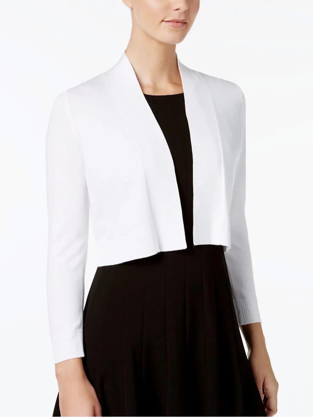 Calvin Klein White Cropped Open Front Shrug Sweater Small Cardigan 3/4 Sleeves